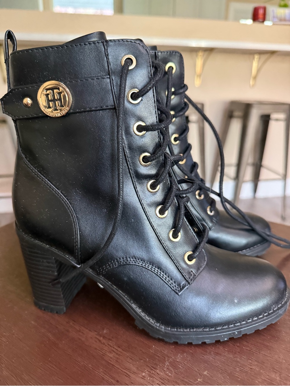 Tommy Hilfiger Black Lace-Up Heeled Ankle Boots with Gold Accents